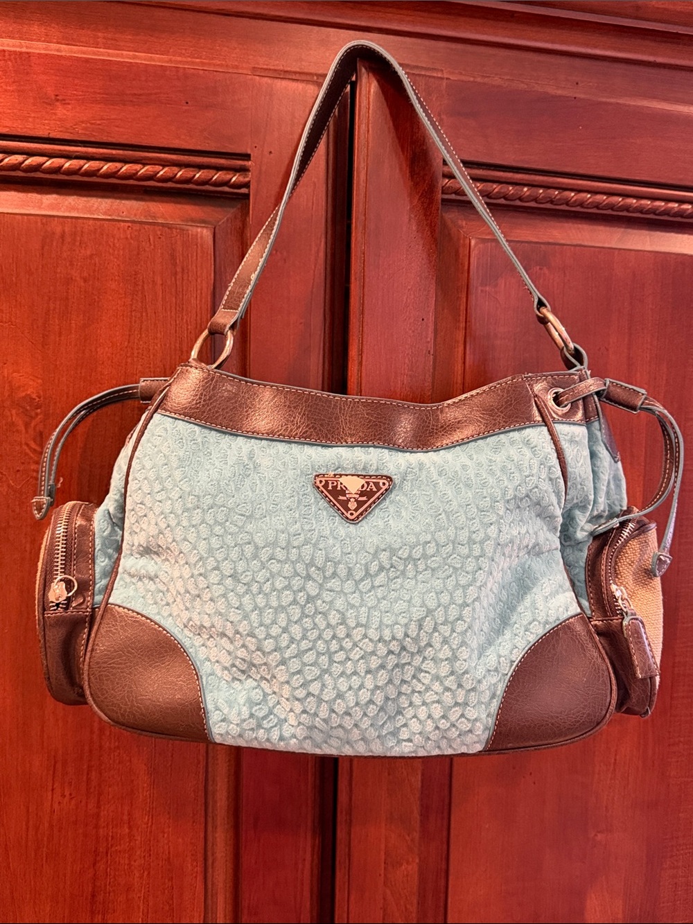 Turquoise and Brown Faux Leather-Trim Shoulder Bag